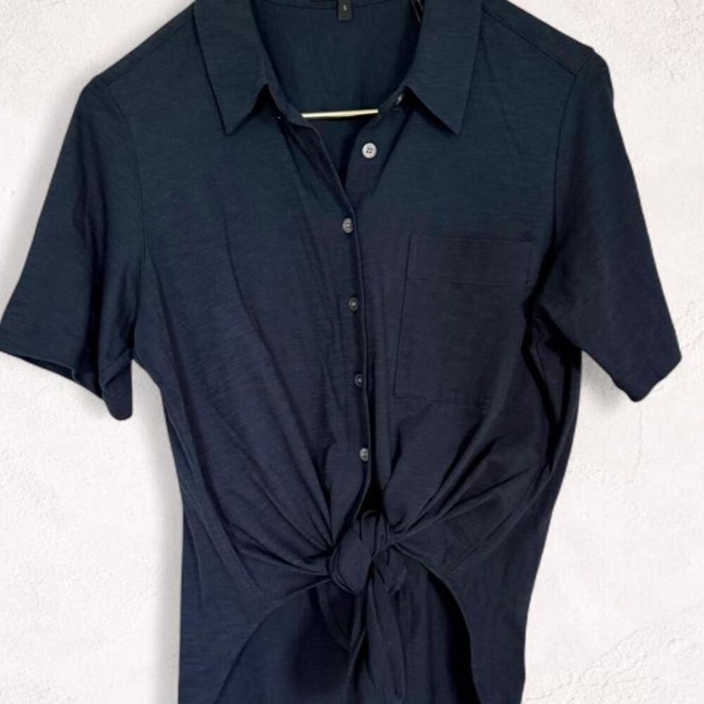 Theory Hekanina Navy Cotton Tie Front Short Sleeve Shirt S